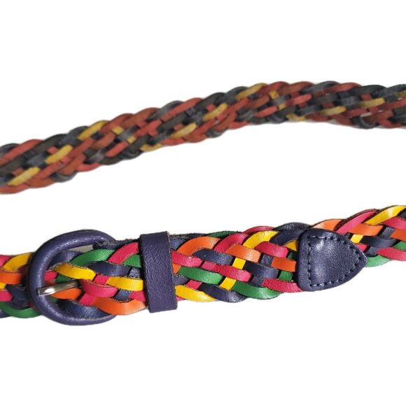 Vtg Braided Leather Belt M-L up to 37" Multicolor Rainbow Resort Tropical Wear - Picture 3 of 7